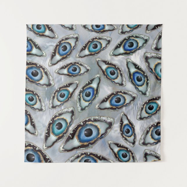Evil Eye Pattern Geodes and Crystals on pearl Tapestry (Front)
