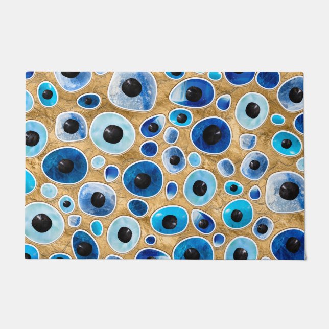 Evil Eye Pattern Tumbled Stones on gold Doormat (Front)