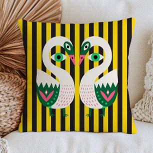 Evil Eye Swans on Yellow& Black Stripes Funky Throw Pillow