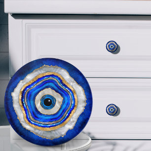 Evil Eye Watercolor agate and gold Ceramic Knob