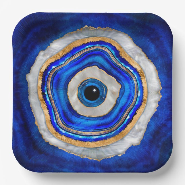 Evil Eye Watercolor agate and gold Paper Plate (Front)