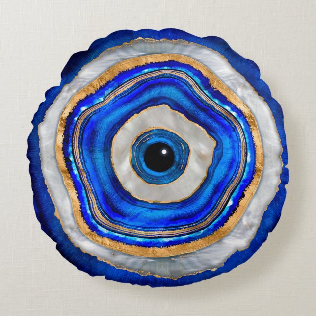 Evil Eye Watercolor agate and gold Round Pillow (Front)