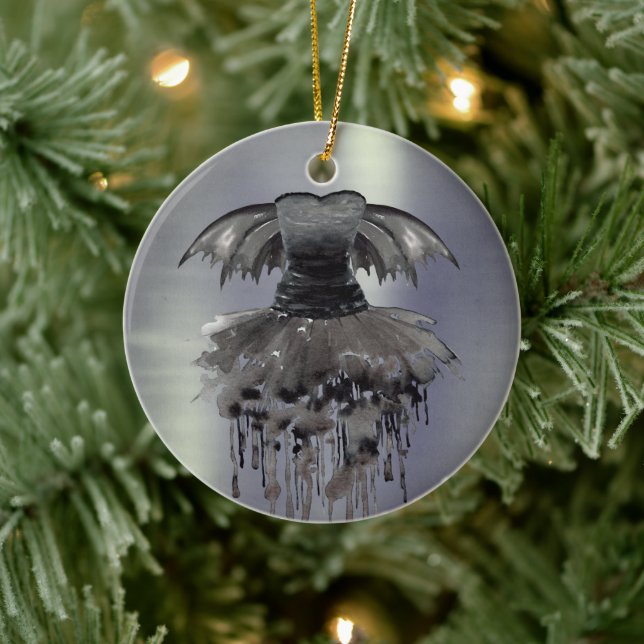 Evil Fairy Gown | Gothic Black Vampy Rock Sheen Ceramic Ornament (Tree)