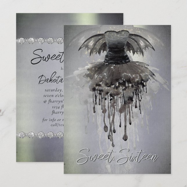 Evil Fairy Gown | Gothic Black Vampy Rock Sheen Invitation (Front/Back)