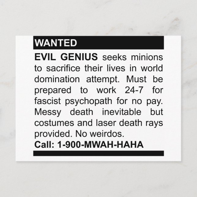 Evil Genius Ad Postcard (Front)