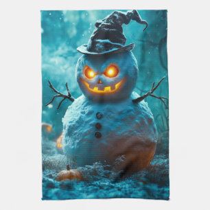 Evil Halloween Snowman with Glowing Eyes Kitchen Towel