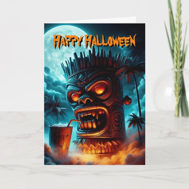 Evil Halloween Tiki With Drink In Moonlight Card (Front)