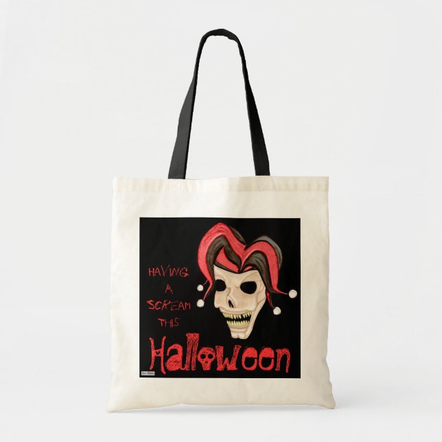 Evil Jester Skull (Red) Halloween Tote Bag (Front)