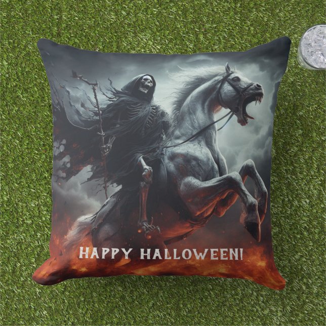 Evil Pale Horse and Death Halloween Outdoor Pillow (Grass)