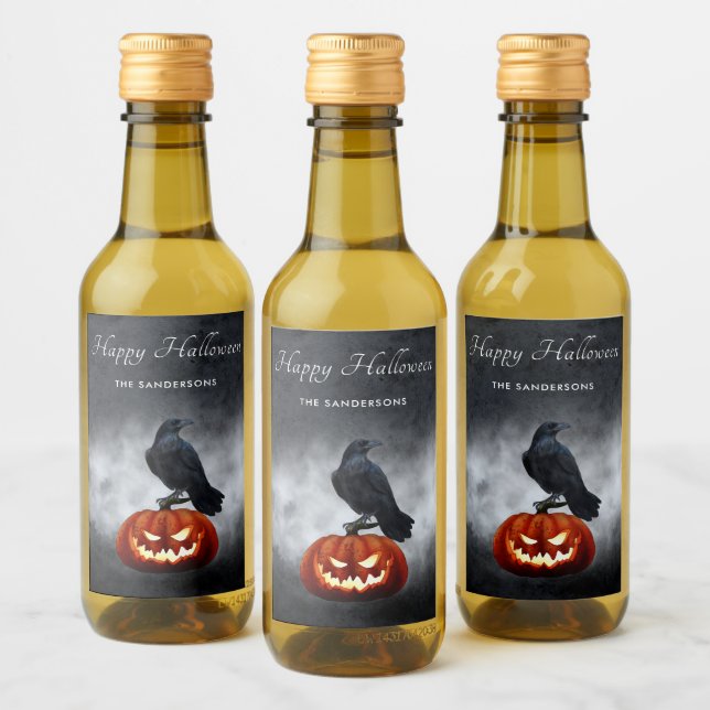 Evil Pumpkin and Raven Personalized Halloween Wine Label (Bottles)