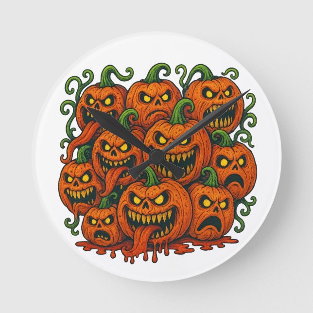Evil Pumpkin Horde Halloween  Round Clock (Front)