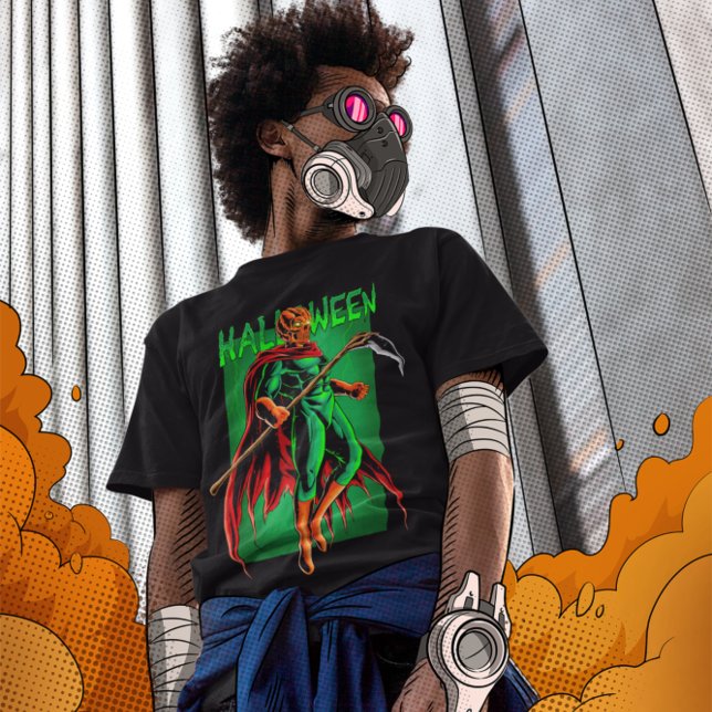 Evil Pumpkin Skull Head Super Hero With a Scythe T-Shirt (Creator Uploaded)