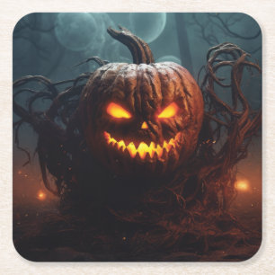 Evil Pumpkin Square Paper Coaster