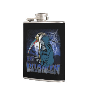 Evil Skeleton In Scary Dark Night Halloween Hip Flask