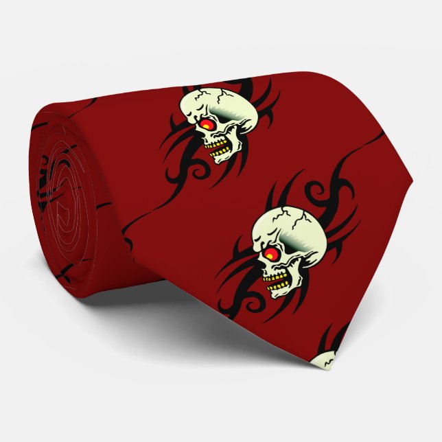 Evil Skull Tribal Tattoo Red Tie (Rolled)