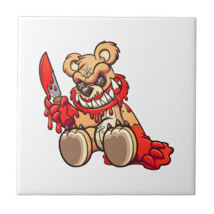 evil teddy bear covered in blood and holding a kni tile