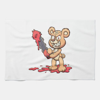 evil teddy bear holding a chainsaw and smiling kitchen towel