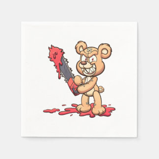 evil teddy bear holding a chainsaw and smiling napkin