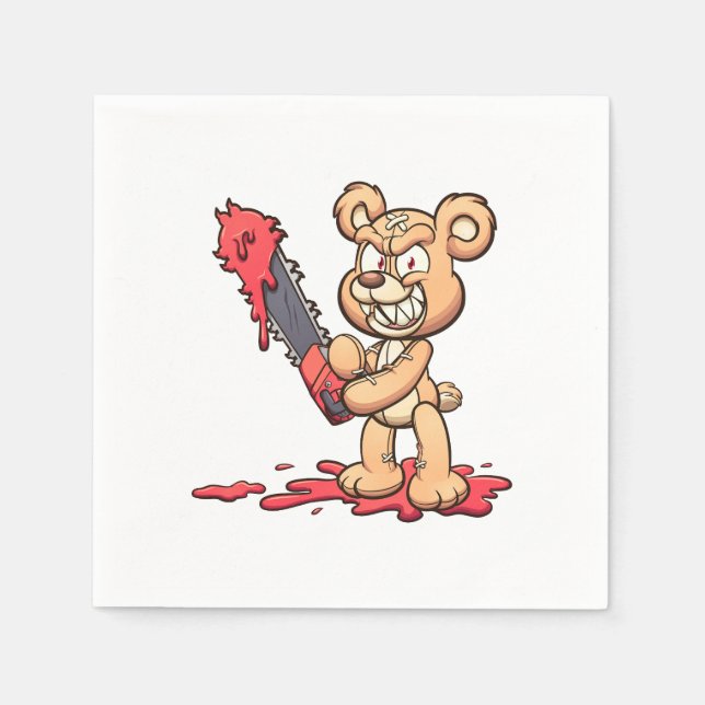 evil teddy bear holding a chainsaw and smiling napkin (Front)