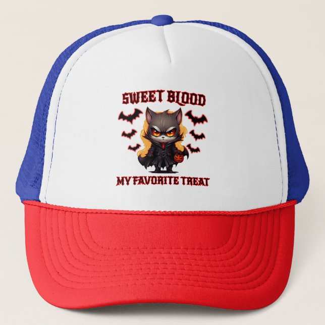 Evil Vampire Cat Halloween Pumpkin Bat Spooky Nigh Trucker Hat (Front)