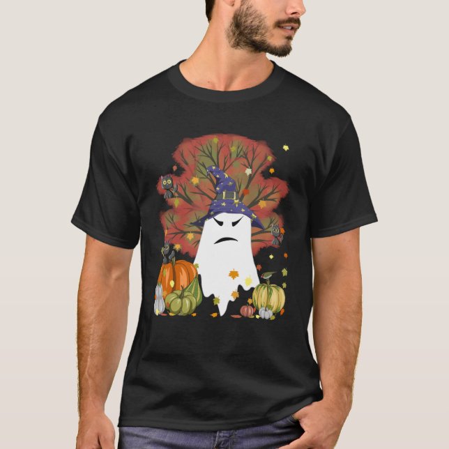 Evil Witch Ghost Cat Halloween Pumpkin Tee Fall Th (Front)