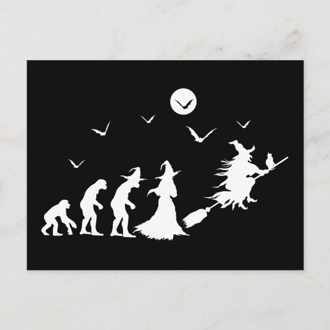 Evolution of witch on broom postcard (Front)