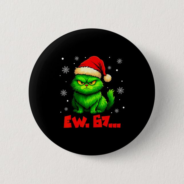 Ew 67 Six Seven Green Cat Santa Hat Funny Christma 2 Inch Round Button (Front)