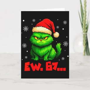 Ew 67 Six Seven Green Cat Santa Hat Funny Christma Card