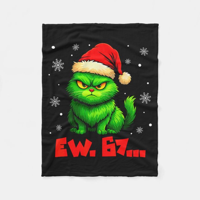 Ew 67 Six Seven Green Cat Santa Hat Funny Christma Fleece Blanket (Front)