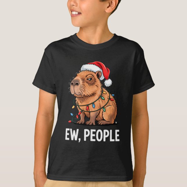 Ew People Capybara Christmas Lights Funny Introver T-Shirt (Front)