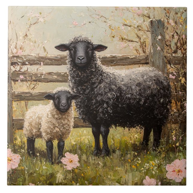 Ewe and Lamb Spring Sheep Art Tile (Front)