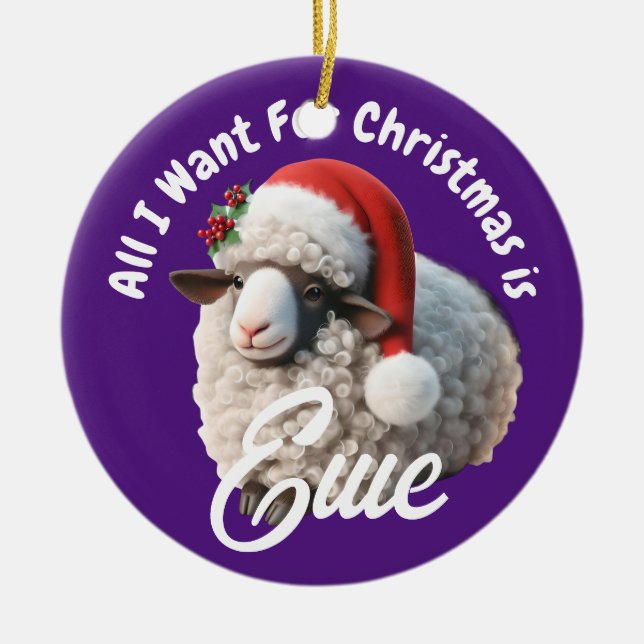 Ewe Wearing Santa Hat Purple Christmas Ceramic Ornament (Front)