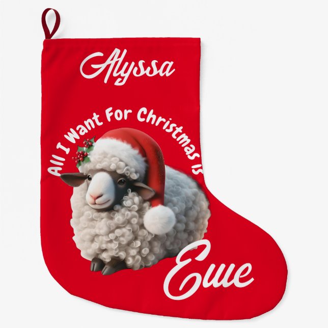 Ewe Wearing Santa Hat Red Christmas Large Christmas Stocking (Front)