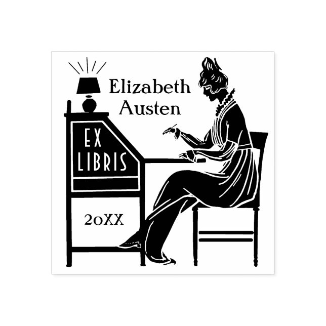 Ex Libris Bookplate Deco Lady Writing Desk Custom Rubber Stamp (Imprint)