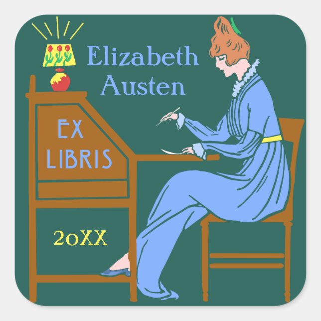 Ex Libris Bookplate Deco Lady Writing Desk Custom Square Sticker (Front)