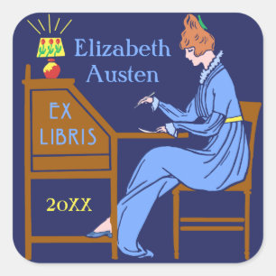Ex Libris Bookplate Deco Lady Writing Desk Custom Square Sticker