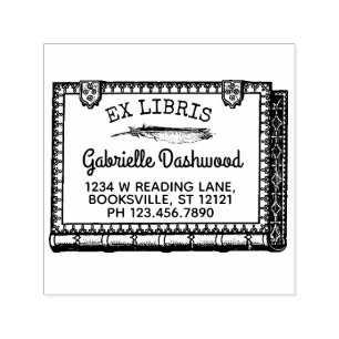 Ex Libris Bookplate Vintage Book and Feather Name Self-inking Stamp