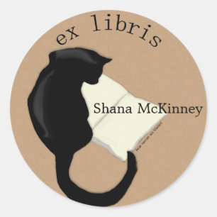 Ex Libris Reading Cat Rounded  Bookplate Classic Round Sticker