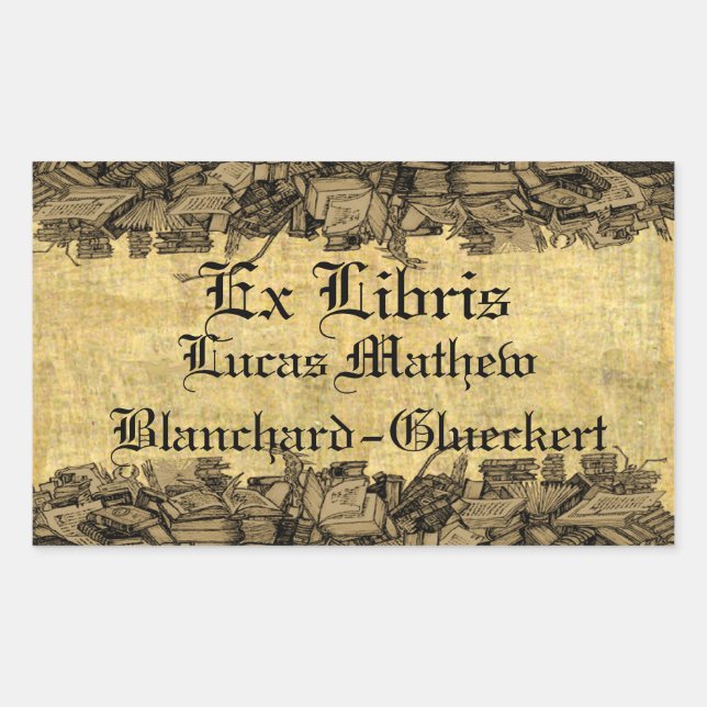 Ex Libris - surrounded by piles of books Bookplate Sticker (Front)