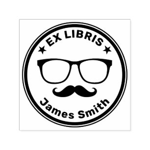 Ex Libris with glasses and moustache   Hipster Self-inking Stamp