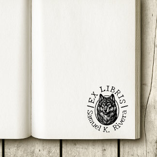 Ex Libris Wolf Face Custom Name Book Rubber Stamp