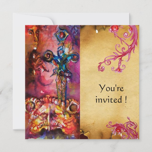 EXCALIBUR 3 , bright red ,pink purple parchment Invitation (Front)