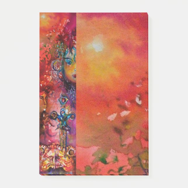 EXCALIBUR,QUEEN OF MAGIC SWORD Fantasy Red Yellow Post-it Notes (Front)