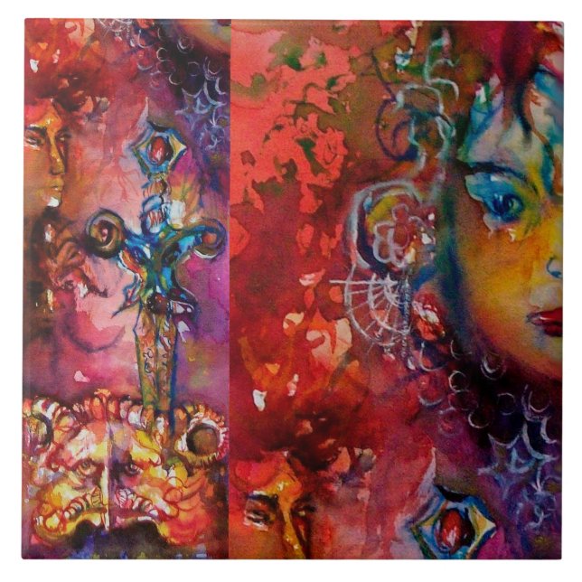 EXCALIBUR,QUEEN OF MAGIC SWORD Fantasy Red Yellow Tile (Front)