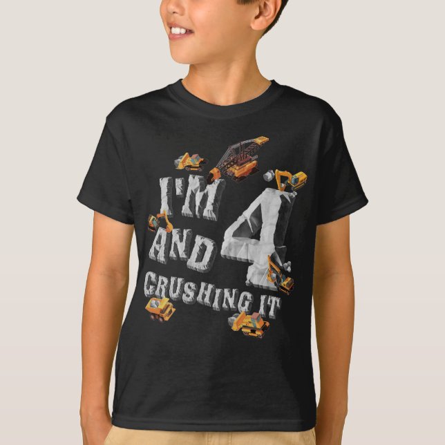 Excavator 4th Birthday Construction Party Boys T-Shirt (Front)