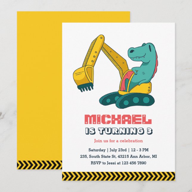Excavator Builder Construction Dino Kids Birthday Invitation (Front/Back)