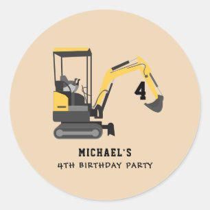 Excavator Construction 4th Birthday Custom Classic Round Sticker