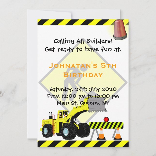 Excavator Construction Birthday Invitation (Front)