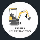 Excavator Construction Builder 5th Birthday Classic Round Sticker<br><div class="desc">Perfect theme birthday party plates for kids who love construction vehicles. Add a name,  and party details by clicking the "Personalize" button. Features an excavator in yellow and dark grey vivid colours.</div>