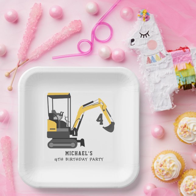 Excavator Construction Builder Any Age Birthday Paper Plate (Party)